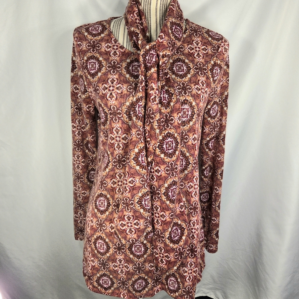 Rebecca Malone Orange Red White Print Detachable Scarf Tunic Top Size Small